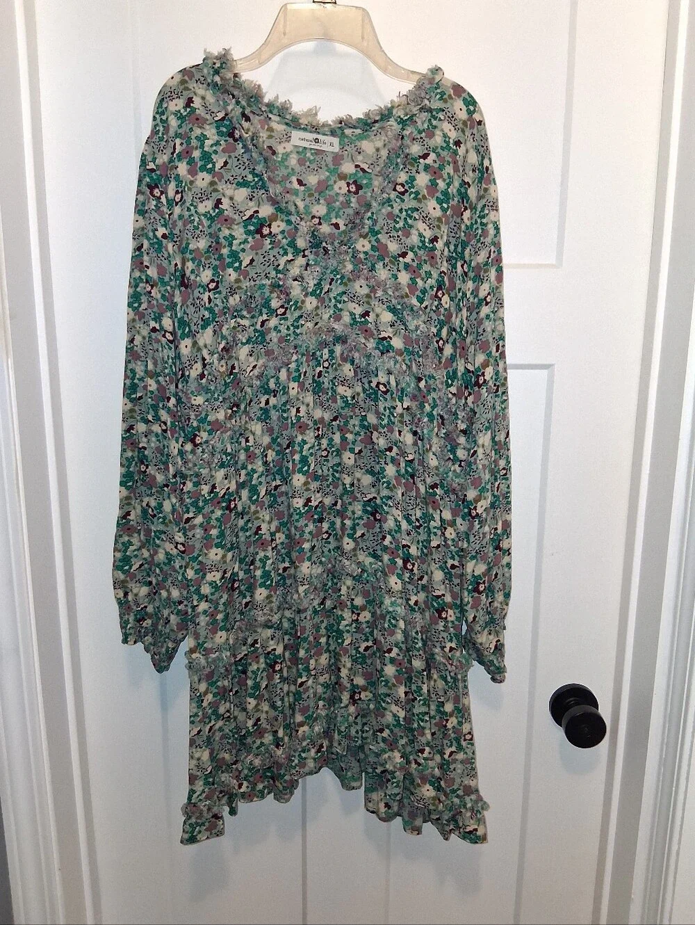 NATURAL LIFE Green Multi Floral Tiered Long Sleeve Dress Size XL